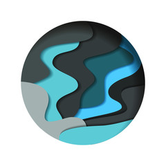 abstract ball of  blue and grey  shades cut out of paper on a white background