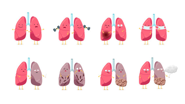 Sad sick unhealthy and healthy strong happy smiling cute lung character set. Human anatomy respiratory system internal organ funny cartoon collection. Vector mascot illustration