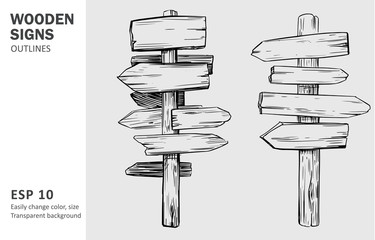 Sketches of wooden signs, hand drawn vector. Outline on transparent background