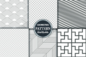 Set of 6 black white luxury geometric pattern background. Abstract line, dot retro style vector illustration for wallpaper, flyer, cover, design template. minimalistic ornament, backdrop.