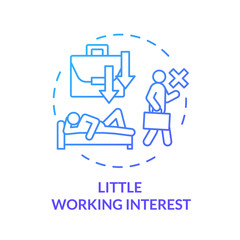 Little working interest blue concept icon. Emotional exhaustion. Lazy man. Tired and unhappy employee. Take nap. Burnout symptom idea thin line illustration. Vector isolated outline RGB color drawing