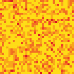 Pixel mosaic seamless pattern in orange and yellow tones. Repeating texture with colored square points. Retro 8-bit video game style geometric vector background. Vector illustration in EPS8.