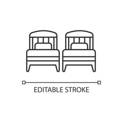 Two single beds pixel perfect linear icon. Hotel room for couple. Private hall. Apartment bedroom. Thin line customizable illustration. Contour symbol. Vector isolated outline drawing. Editable stroke