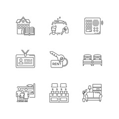 Renting pixel perfect linear icons set. Communal kitchen. Identity card. Living room. Shared space. Customizable thin line contour symbols. Isolated vector outline illustrations. Editable stroke