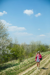 beautiful girl in a dress walking in the spring forest where the trees bloom