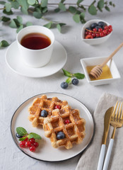 Belgian waffles with blueberries and red currants, honey and tea on a white table.