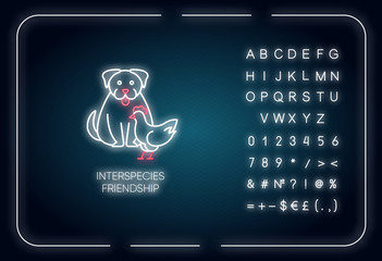Interspecies friendship neon light icon. Outer glowing effect. Sign with alphabet, numbers and symbols. Bond between domestic animals, friendly relationship. Vector isolated RGB color illustration