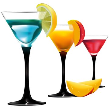 Three glasses with a red, blue and orange cocktail on a white background.