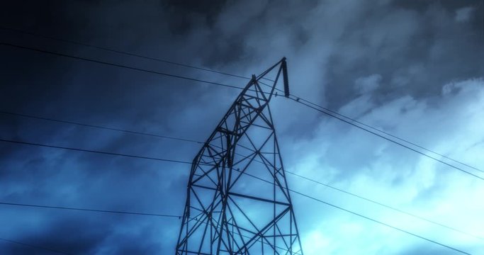 Time Lapse of Electric High Voltage Electricity Tower and lightning strikes on night dark sky in summer. beautiful thunderstorm rolling cloudscape, tornado, supercell bad, danger time. 4K loop