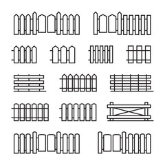 Fences flat line icons. Set of linear signs of decorative wooden fencing isolated on white. Outline symbols of hedge with wicket gate. Vector eps8 illustration.