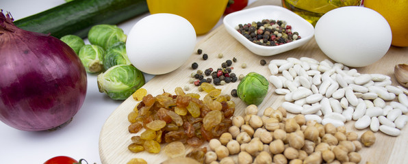 Homegrown vegetables. Fresh organic vegetables. Vegetables from garden. Colorful vegetable. Eggs, greens, beans, chickpeas. Healthy vegetable. isolate