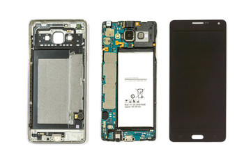 Disassembled smartphone on white background, Repair Service, isolated.