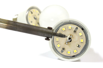 Repair LED light bulb on white background, Repair Service, isolated.