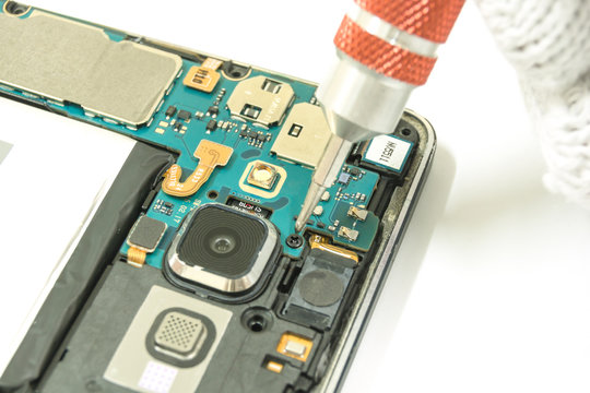 Disassembled smartphone on white background, Repair Service, isolated.
