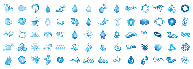 Water Splash Vector And Drop Logo Set - Isolated On White Background. Vector Collection Of Flat Water Splash and Drop Logo. Icons For Droplet, Wave, Rain, Raindrop, Company Logo And Bubble Design