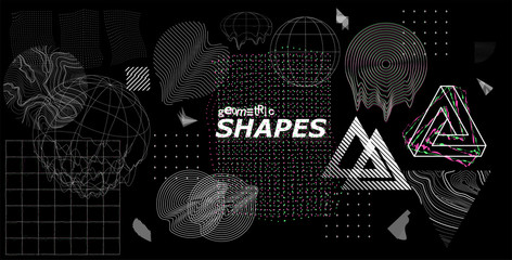 Modern universal trendy shapes, with glitch effects. Cyberpunk retro futurism set, vaporwave. Abstract digital elements for web banner, posters, covers design, futuristic Memphis. Vector illustration - obrazy, fototapety, plakaty