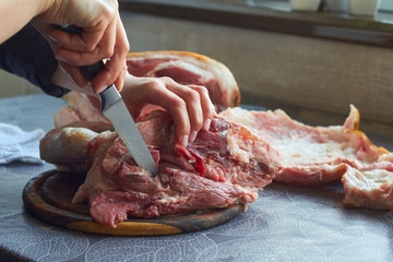 Step-by-step recipe for pork knuckle roll, ketogenic diet, low-carb diet, selective focus