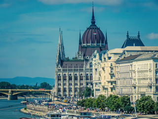 Looking along the Danube Embankment, Margaret Bridge and Parliament, Budapest Hungary