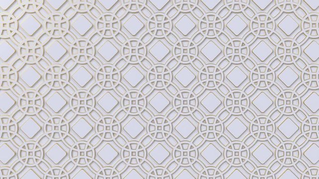Arabesque looping geometric pattern. Gold and white islamic 3d motif. Arabic oriental animated background.