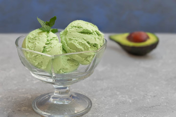 Close-up of homemade avocado ice cream in a glass bowl