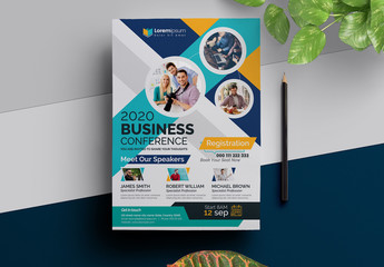 Conference Event Flyer Layout with Multicolored Accents