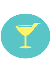 Cocktail glass with cherry icon. Illustration on the theme of drinks and relaxation. Sign bar area, cocktail party.