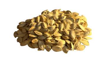 Pumpkin seeds on a white background. Seeds for farming. Vitamin product for veggie nutrition.