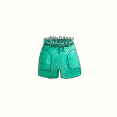 Shorts. Summer clothes and accessories. Cartoon doodle watercolor sketch illustration on white background can be used in cards, posters, flyers, banners, logo, clothes design, fashion, textile prints