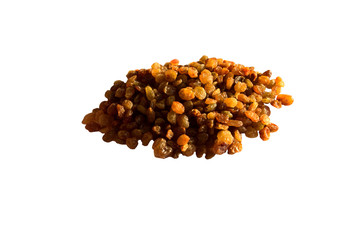 Raisins on a white background. A bunch of dried white grapes for cooking. Useful fortified food for a healthy diet.