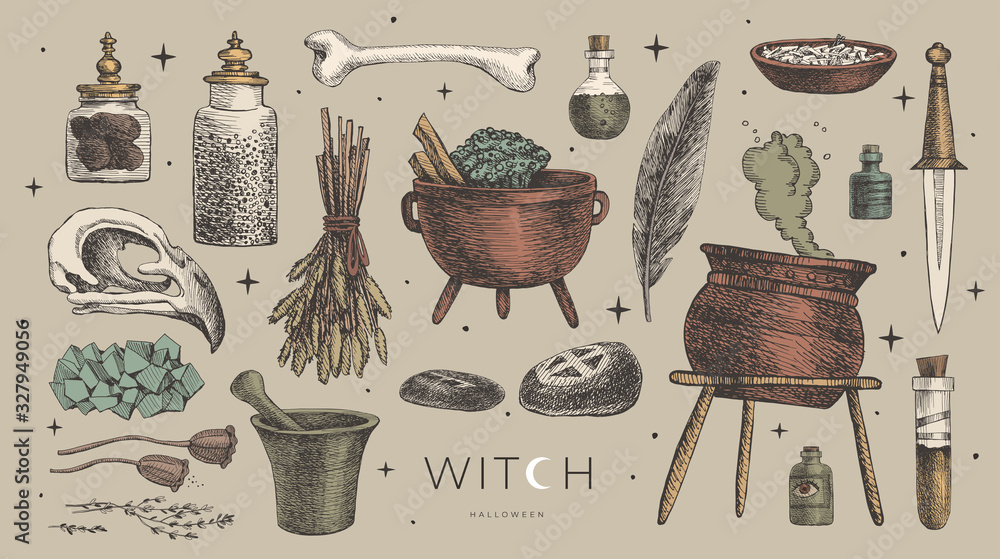 Poster large vector set of magic items for the witch, wizard. ancient symbols of witchcraft: potion, skull 