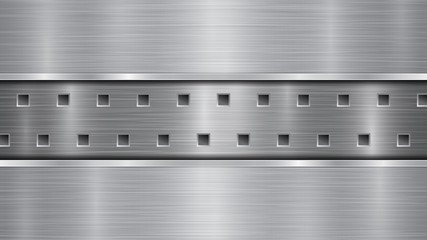 Background in silver and gray colors, consisting of a perforated metallic surface with holes and two horizontal polished plates located above and below, with a metal texture, glares and shiny edges