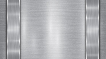 Background in silver and gray colors, consisting of a shiny metallic surface and two vertical polished plates located left and right, with a metal texture, glares and burnished edges
