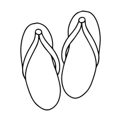A pair of summer flip flops for the sauna, bathhouse and beach. Black and white vector illustration in doodle style. Summer shoes. Simple outline drawing by hand and isolated on a white background.