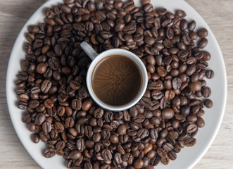 Coffee on plate and cup seen from above ready to drink