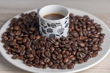 Coffee on plate and cup seen from above ready to drink