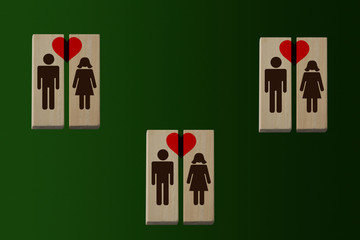 symbol of 3 men and 3 women on wooden blocks, with a red heart, the concept of love and relationships, copy space