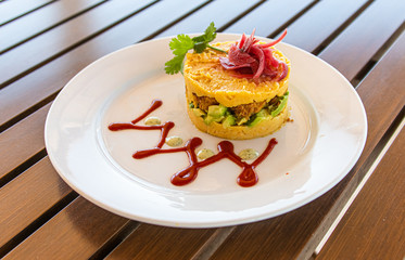 Mashed Potato & Fried Shrimp Tower