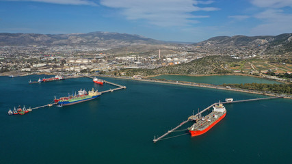 Aerial drone photo of industrial oil refinery of Aspropirgos, Attica, Greece