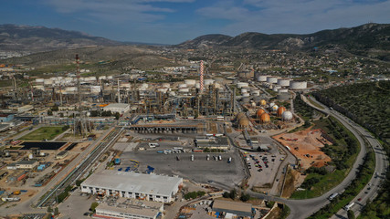 Aerial drone photo of industrial oil refinery of Aspropirgos, Attica, Greece