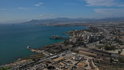 Aerial drone photo of industrial oil refinery of Aspropirgos, Attica, Greece