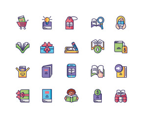 gift and book icon set, line and fill style