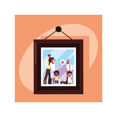 family photo in frame , portrait hanging on wall