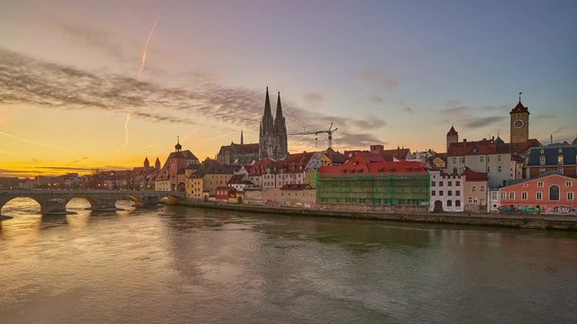 Time lapse panorama of Regensburg from side of Danube river, Bavaria, Germany