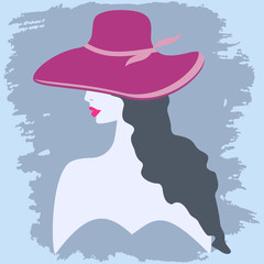 Woman in a pink elegant hat, long hair, bright lips - abstract background - illustration - vector. Beauty saloon. Fashion.