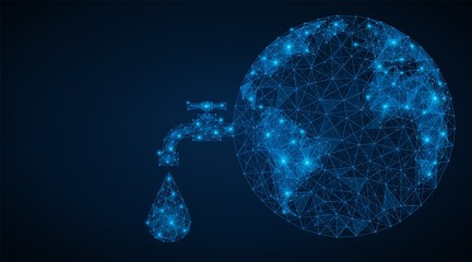 World water day. Polygonal planet earth with a tap and a dripping drop of water.