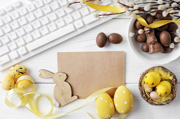 workspace with notebook keyboard and easter eggs