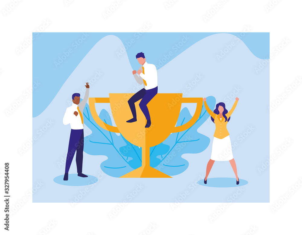 Sticker group of people with gold trophy, successful business team