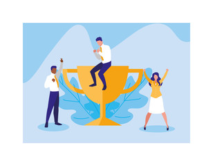 group of people with gold trophy, successful business team