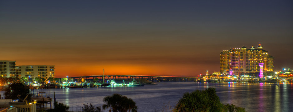 Twilight View Of Skyline, Destin Harbor, Florida, Panorama