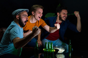 Group of friends watching sport game at home, cheering